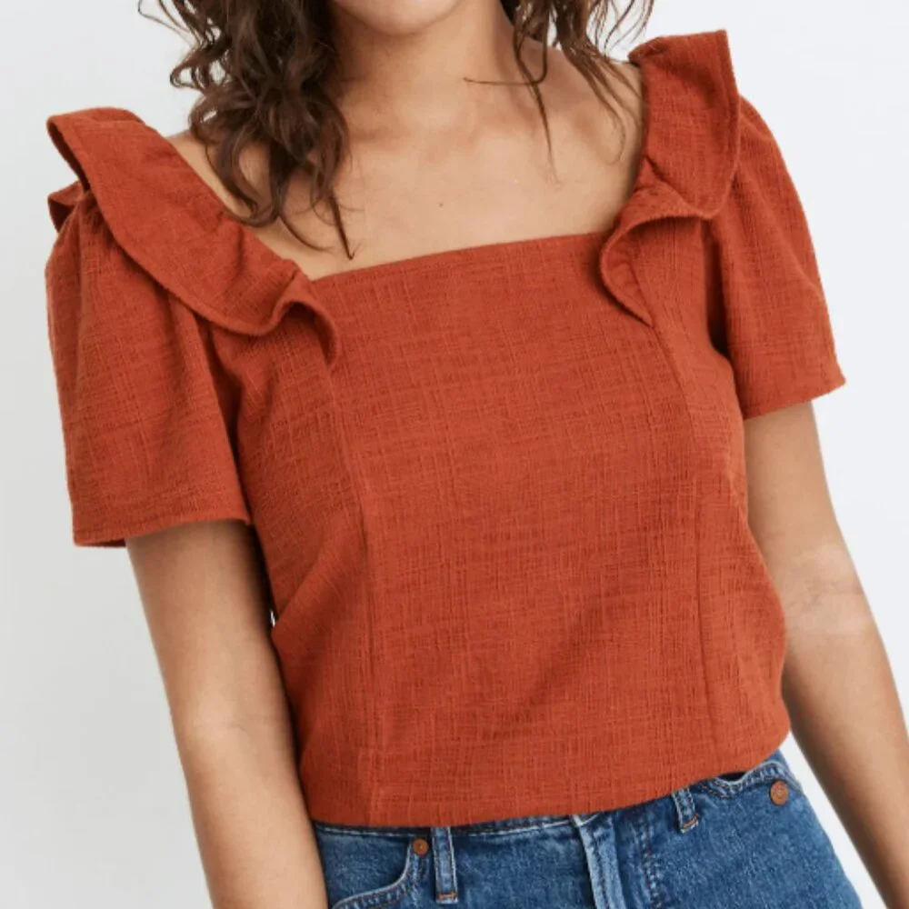 Madewell Women's Rust Orange Crosshatch Ruffled Short Sleeve Career Blouse Large